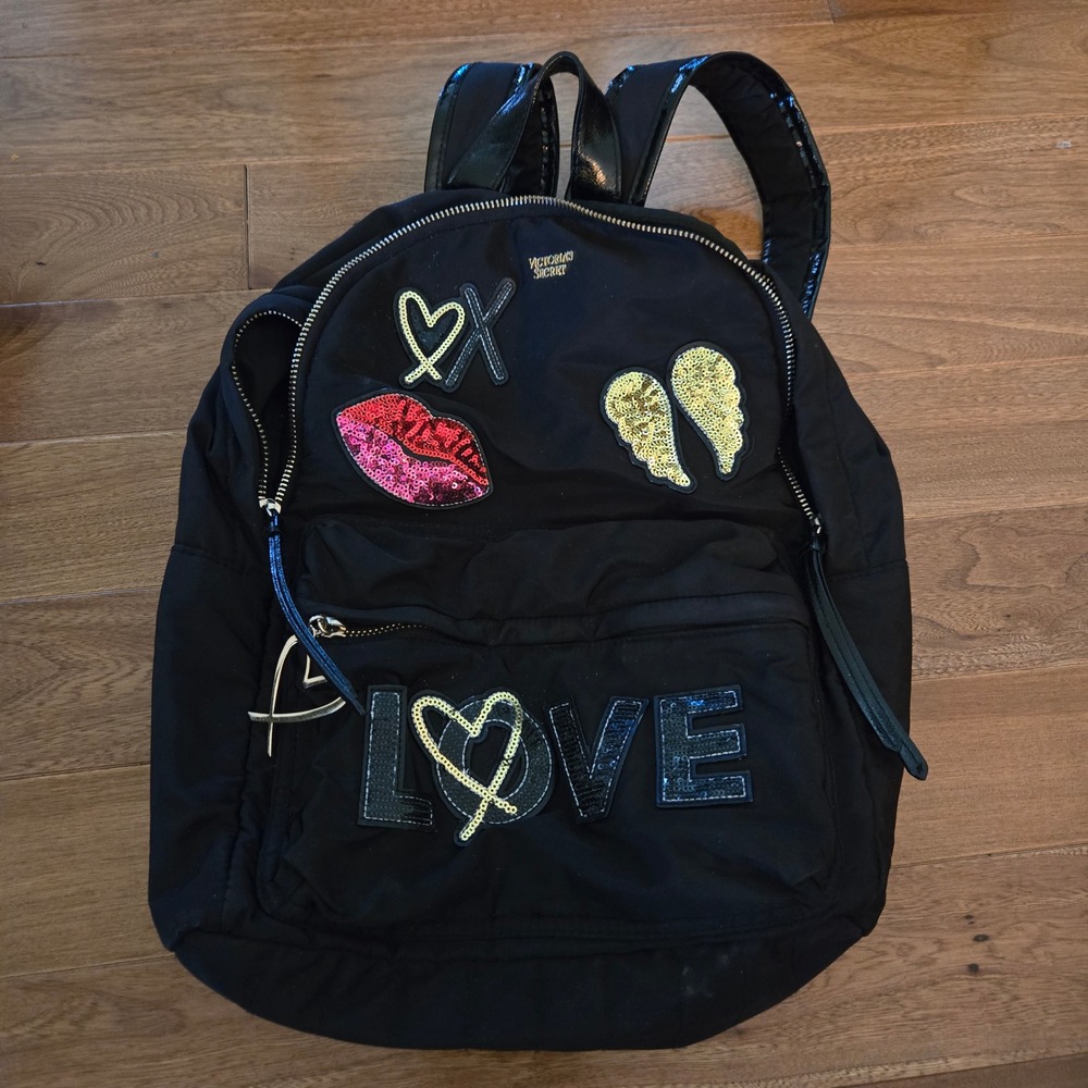 Victoria's Secret Black Nylon Backpack Sequin Angel Wings Lips Patchwork Y2K